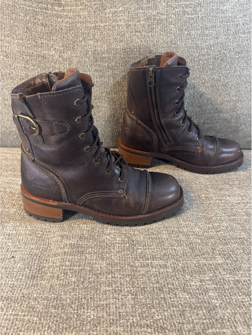 Harley-Davidson Brown Leather Lace-Up Zip Moto Boots 84036 Women's 7.5 - Picture 3 of 10